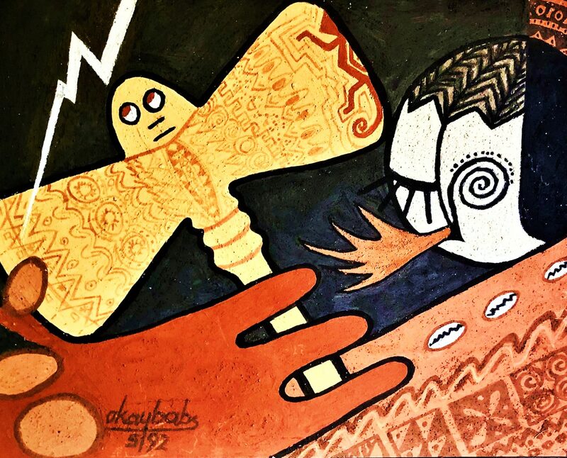 Sango's Battle Axe — Soil on Cotton Calico mounted on Masonite Board